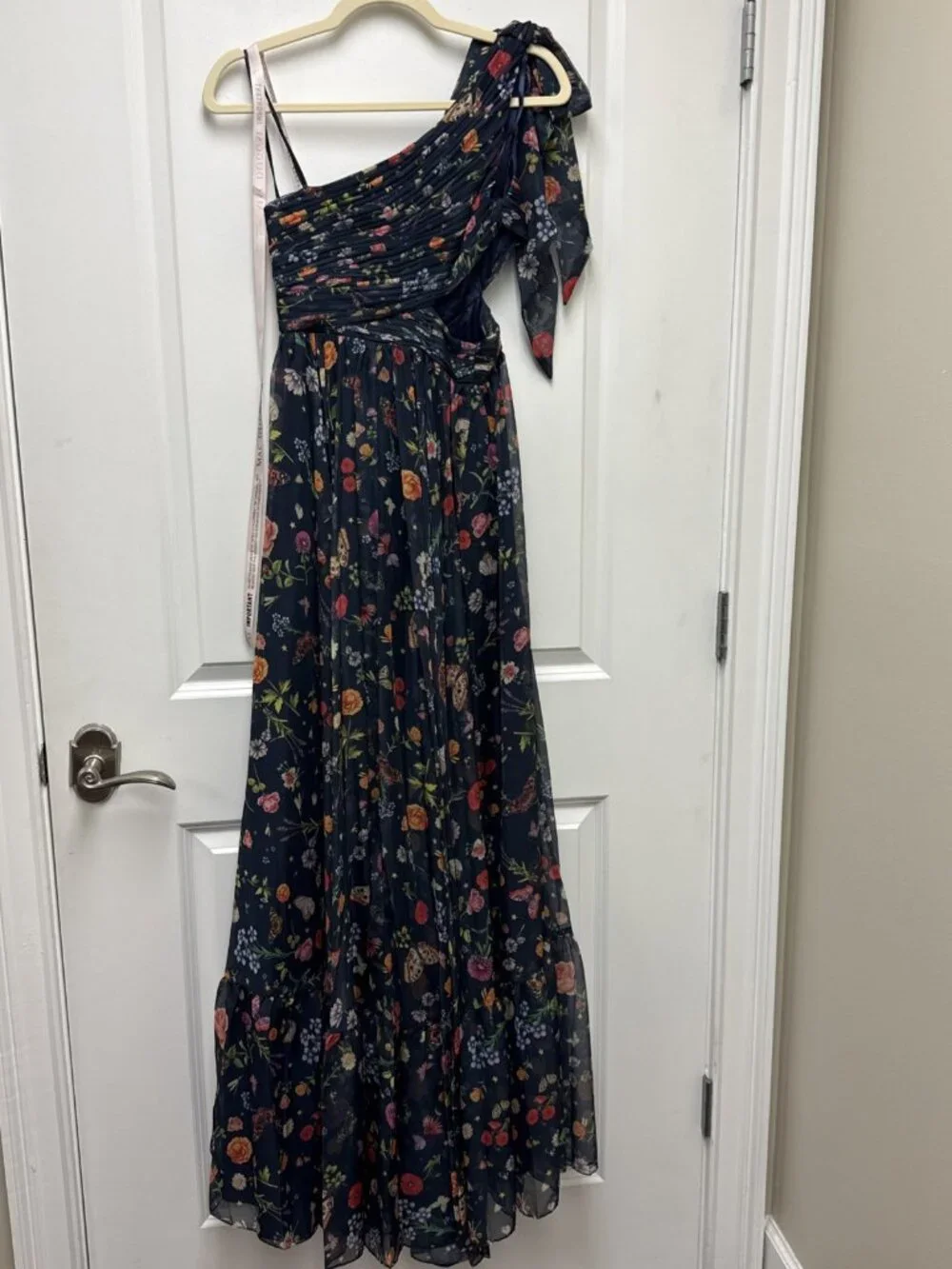 MAC DUGGAL Size 0 Navy 67938 Floral Tied One Shoulder Cut-Out Flowy Gown Dress - Picture 10 of 14